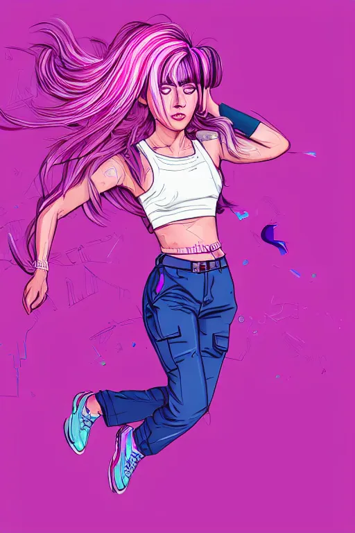 Image similar to a award winning half body portrait of a beautiful woman in a croptop and cargo pants with ombre purple pink teal hairstyle with head in motion and hair flying by wlop, outrun, vaporware, shaded flat illustration, digital art, trending on artstation, highly detailed, fine detail, intricate