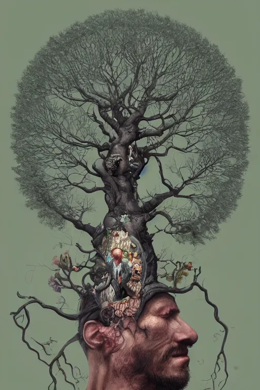 Prompt: A man with a tree growing out of the top of the head, art deco design, by Mandy Jurgens and Warhol, Ernst Haeckel, James Jean, artstation, concept art