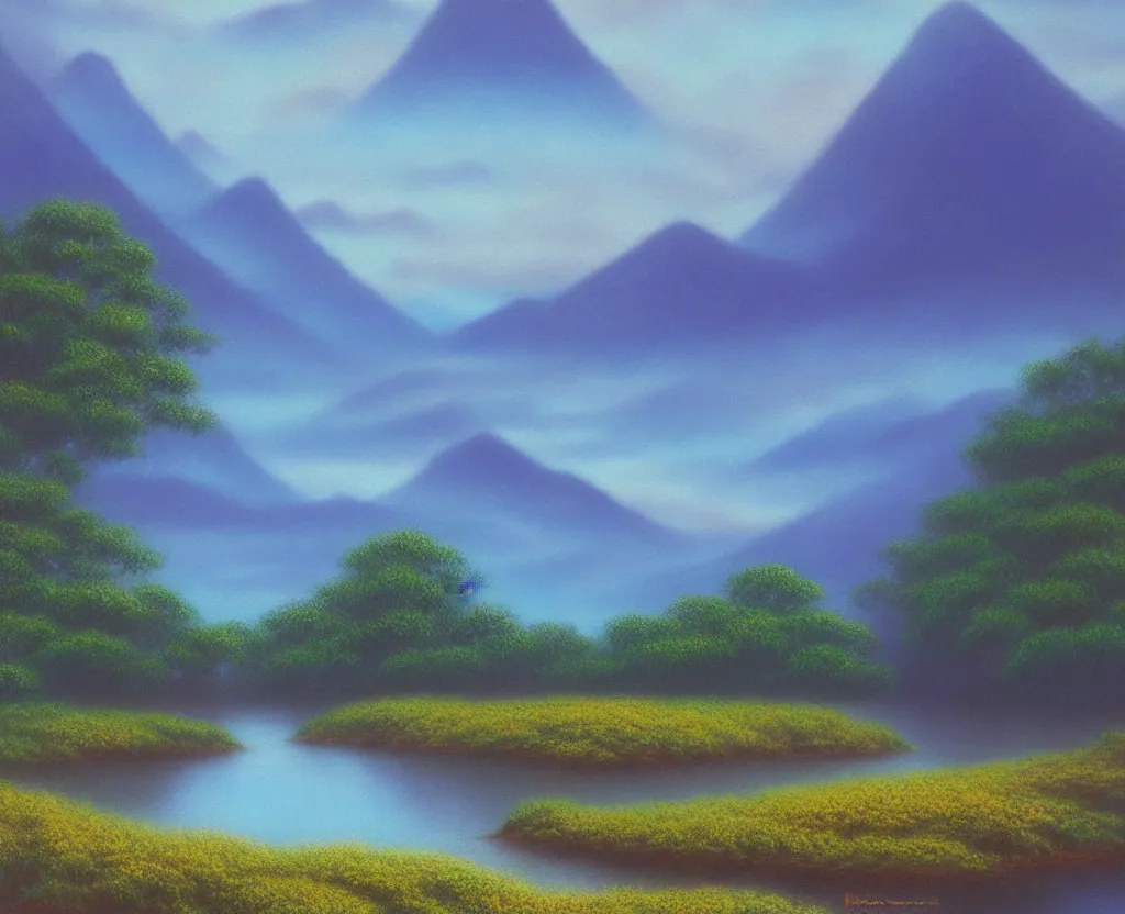 Prompt: a landscape pastel in the style of noriyoshi ohrai and bob ross of a blue reflective path to some misty mountains in the background. along the path stands pillars that reflect in the water. key art. 4 k fantasy