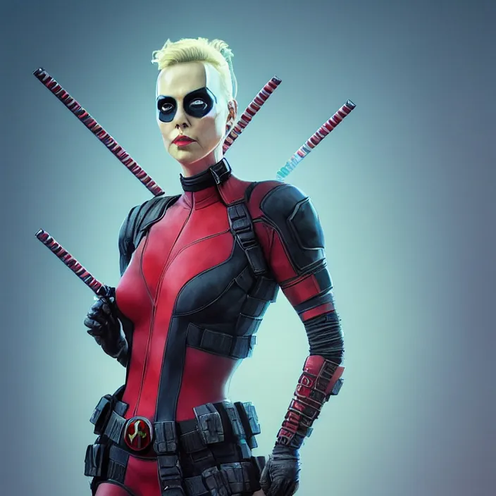 Image similar to charlize theron as lady deadpool. intricate abstract. intricate artwork. by tooth wu, wlop, beeple, dan mumford. octane render, trending on artstation, greg rutkowski very coherent symmetrical artwork. cinematic, hyper realism, high detail, octane render, 8 k, iridescent accents
