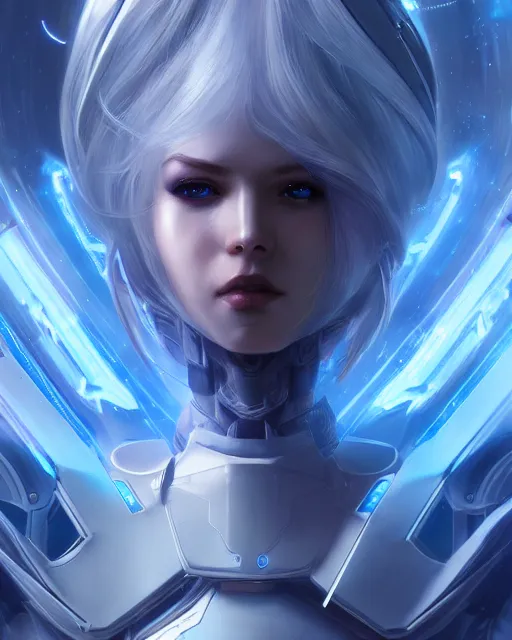 Image similar to perfect android girl on a mothership, warframe armor, beautiful face, scifi, futuristic, galaxy, nebula, raytracing, dreamy, long white hair, blue cyborg eyes, sharp focus, cinematic lighting, highly detailed, artstation, divine, by gauthier leblanc, kazuya takahashi, huifeng huang