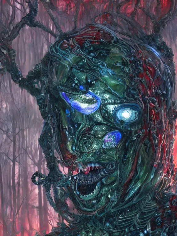 Image similar to closeup portrait of a living goo on a ( transparentcyborg leshy panther with glowing veins ), in alien forest, cinematic light, backlight glow, red green, mist, by mikhail vrubel, by philippe druillet, by peter elson, by gerald brom, muted colors, extreme detail, trending on artstation, 8 k