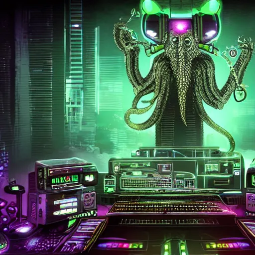 Image similar to cyberpunk cthulhu with headphones playing synthesizers, lights, lasers, music, highly detailed, realistic,