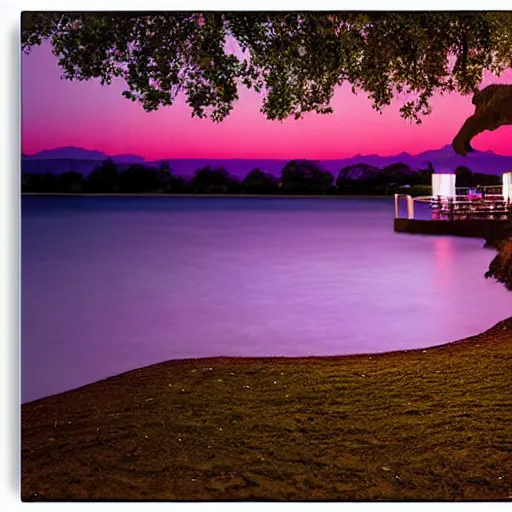 Prompt: a beautiful oasis at night pink blue purple by peter stephens