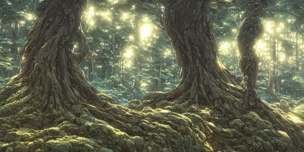 Image similar to ancient forest, art by makoto shinkai and alan bean, yukito kishiro