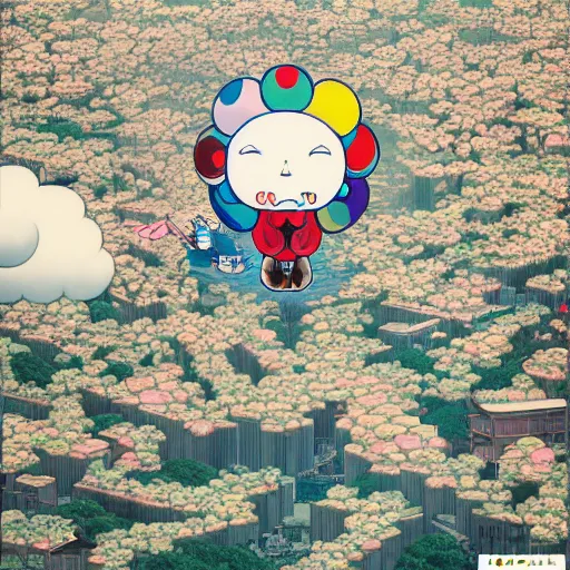 Image similar to a man walking on clouds above kyoto by takashi murakami,, aya takano color style, 4 k, super detailed