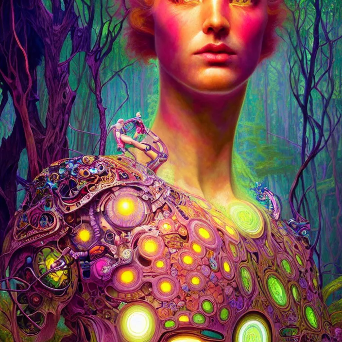 Image similar to bright psychedelic portrait of giant organic cyborg over an ancient forest, diffuse lighting, fantasy, intricate, elegant, highly detailed, lifelike, photorealistic, digital painting, artstation, illustration, concept art, smooth, sharp focus, art by John Collier and Albert Aublet and Krenz Cushart and Artem Demura and Alphonse Mucha