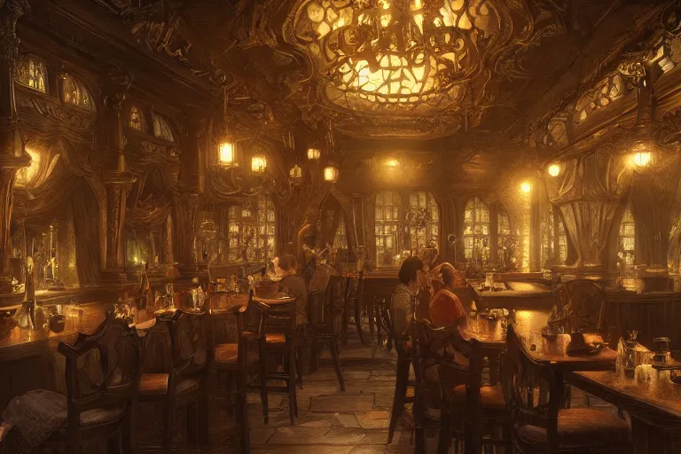 Image similar to ultra realistic illustration, baroque tavern interior from diablo and baldurs gate, intricate, elegant, highly detailed, digital painting, artstation, concept art, smooth, sharp focus, illustration, art by artgerm and greg rutkowski and alphonse mucha