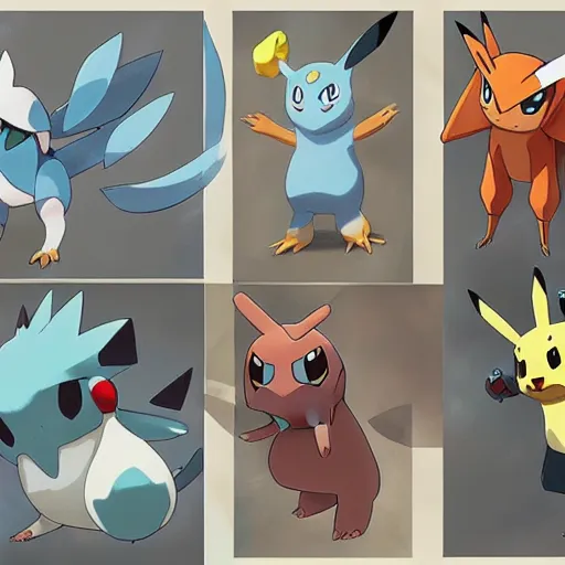 Image similar to New pokemon designs, character sheet, illustrations, studio Ghibli, pokémon, trending artstation, digital art, 8k, anime, highly detailed, realistic