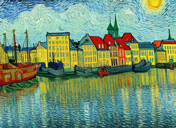 Image similar to a painting of the city of Rostock in the style of Vincent van Gogh