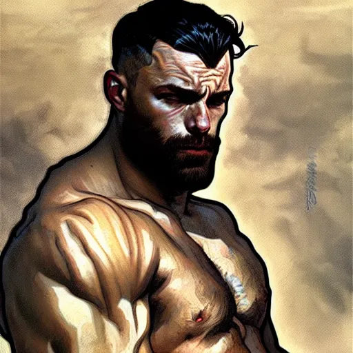 Prompt: portrait of depressed gigachad, male, muscular, handsome D&D, concept art, art by Greg Rutkowski and Alphonse Mucha