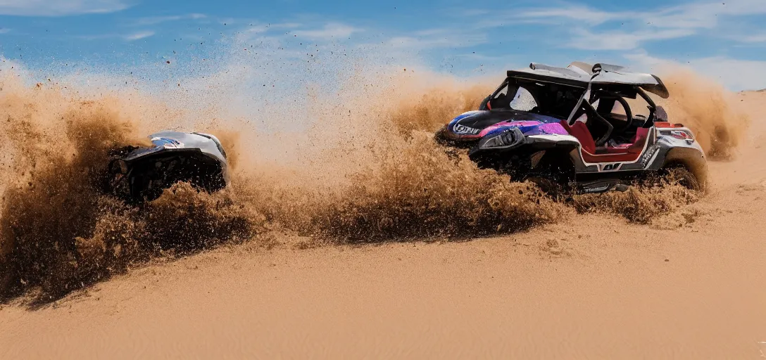 Image similar to action photography of a utv ripping through the dunes, 8 k photography, action sports, oasis in background,