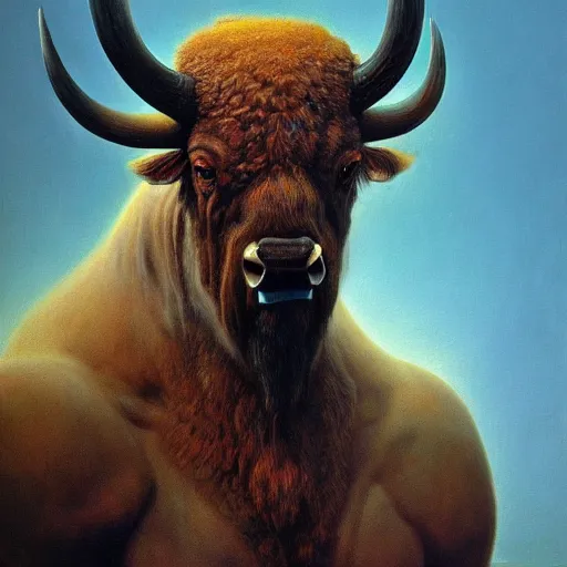 Image similar to Angry Humanoid Bison portrait, dark fantasy, blue, Warhammer, artstation painted by Zdzisław Beksiński and Wayne Barlowe