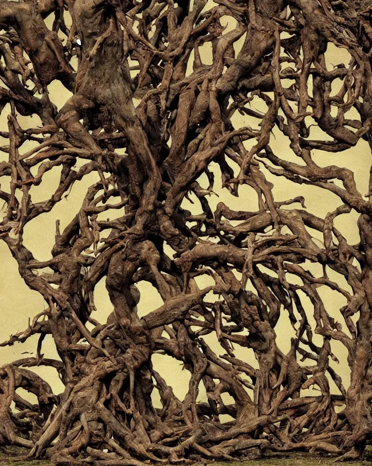 Image similar to A wretched mythical tree made of human flesh, limbs and bones.