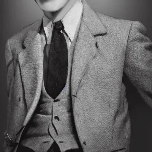 Image similar to A photograph portrait of Jerma985 wearing a suit with and fedora in the 1950s, taken in the early 1950s, grainy, taken on a 1950s Kodak Camera, realistic, hyperrealistic, very realistic, highly detailed, very detailed, extremely detailed, detailed, digital art, trending on artstation