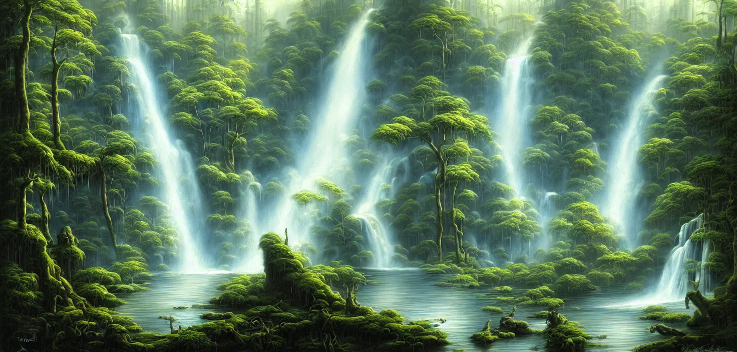 Image similar to a painting of a waterfall in a random forest, a detailed matte painting by todd lockwood, deviantart, fantasy art, matte painting, matte drawing, airbrush art