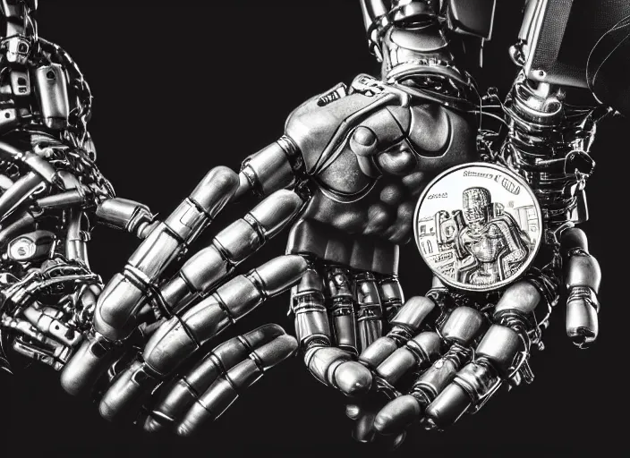 Prompt: mechanical cybernetic hands holding a coin worth 1 human soul to be traded in hell. centered. horror cyberpunk dystopia style. highly detailed 8 k. intricate. nikon d 8 5 0 3 0 0 mm. award winning photography.