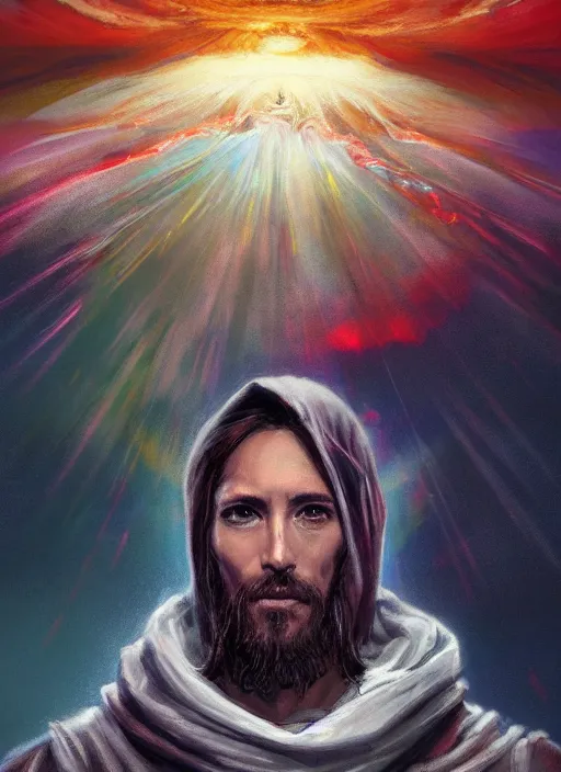 Image similar to detailed portrait of Jesus wearing a cloak over his head, eyes on fire with celestial flames, a halo of shimmering color around him, future earth in the background, by Jason Jenicke and Jeremy Mann, intricate, beautiful, stylized, detailed, realistic, loose brush strokes, dramatic, enduring, captivating, Artstation