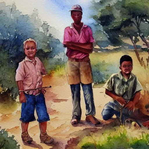 Prompt: knife maker in south africa with a 4 x 4 and a detective partner and 6 kids in the watercolour style painting