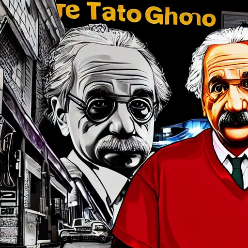 Image similar to illustration gta 5 artwork of albert einstein, in the style of gta 5 loading screen, by stephen bliss