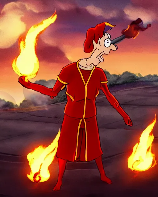Image similar to squidward tentacles wearing fire nation clothing and practicing firebending outside at susnset [ [ photorealistic ] ]