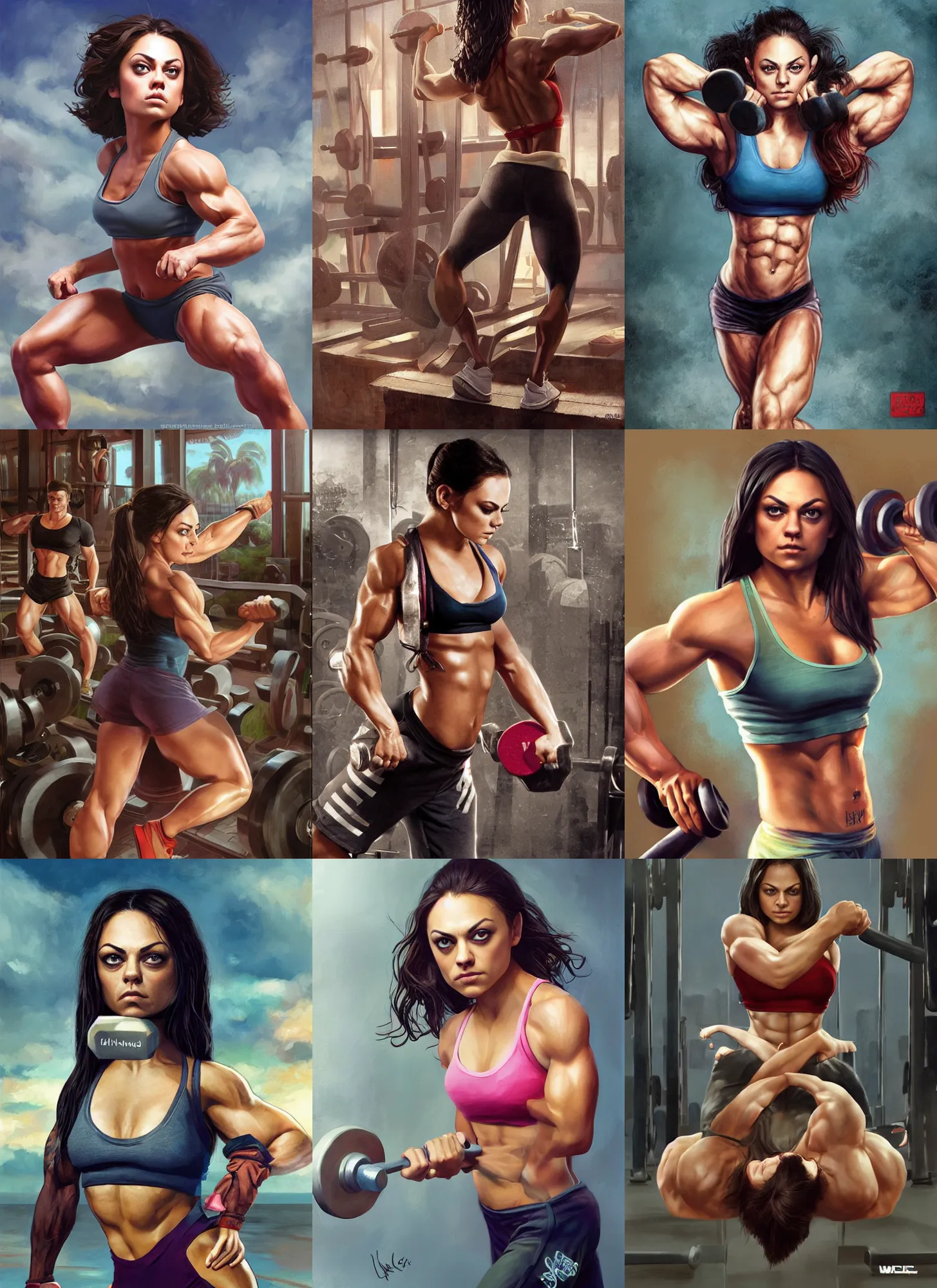 Image similar to bodybuilder mila kunis working out, wlop, steve argyle, ilya kuvshinov, ralph horsley, rossdraw, mark ryden, daniel f. gerhartz, sophie anderson, lilia alvarado, tom chambers