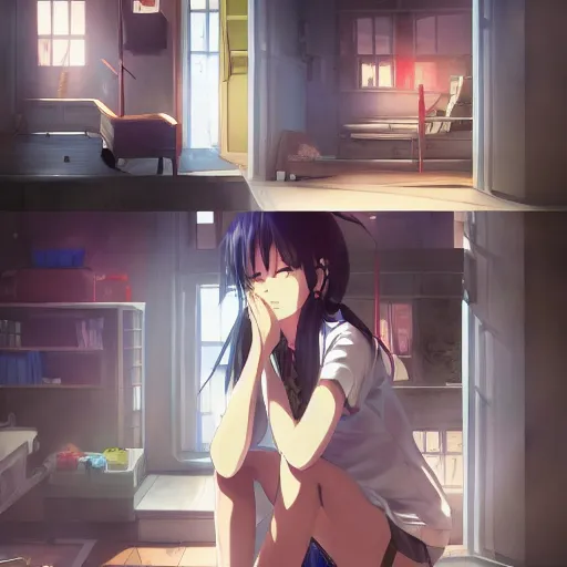 Image similar to concept art of the depressed student in her apartment, anime fantasy illustration by tomoyuki yamasaki, kyoto studio, madhouse, ufotable, trending on artstation