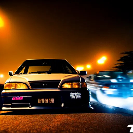 Image similar to a car JZX90 turbo drift at illegal car meet, Chiba prefecture, city midnight mist lights, cinematic color, photorealistic, highly detailed, work wheels, 200MM