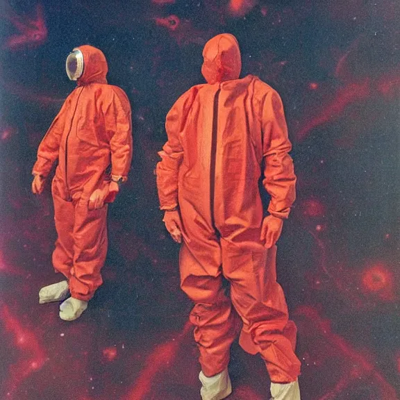 Prompt: two scientists wearing red rick owens hazmat suits in a highly saturated nebula wormhole by frank frazetta