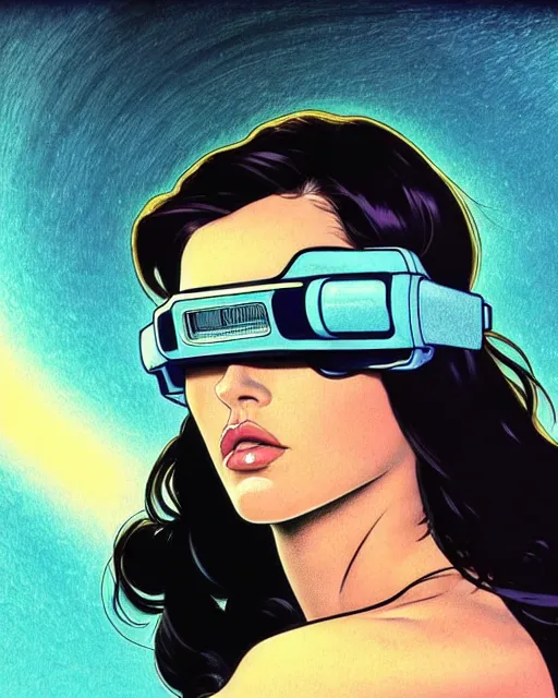 Image similar to low angle closeup very seductive megan fox retro scifi goddess pinup, vr goggles, action glamour pose, windblown dark hair, hyper detailed, digital art, studio lighting, smooth, ambient lighting, sharp focus, frank miller, wlop, anna dittmann, moebius!, alphonse mucha, patrick nagle!!!, rim lighting, synthwave