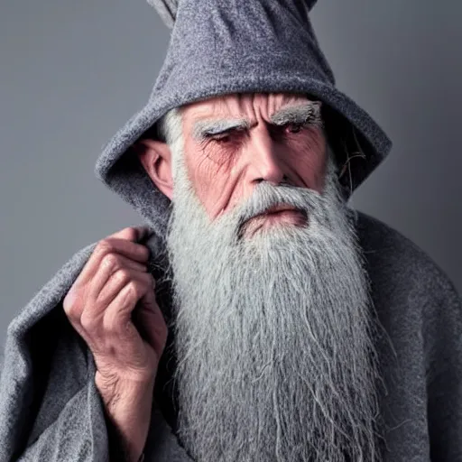 Prompt: an old bald druid wizard with bushy grey eyebrows, long grey hair and wearing a grey wizard hat, disheveled, wise old man, wearing a purple detailed coat, a bushy grey beard, sorcerer, he is a mad old man