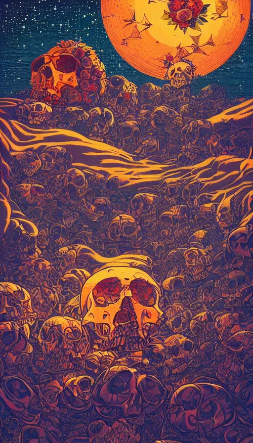 Prompt: The floral skulls under sunset starlit sky, italian futurism, Dan Mumford, da vinci, Josan Gonzalez