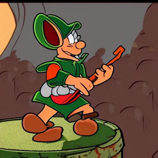 Image similar to Elmer Fudd from Loony Tunes in Doom, wearing green armor and helmet, killing demons, Bugs Bunny, rip and tear, video game