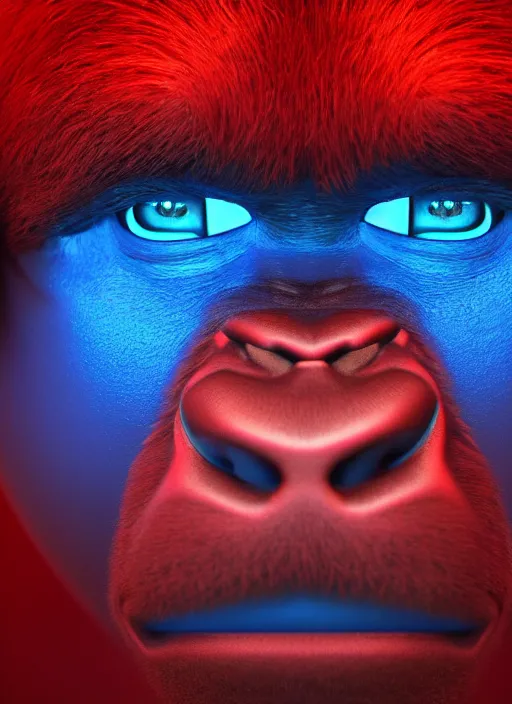 Image similar to a close up of a red gorillas face with blue eyes, an album cover by jacob toorenvliet, featured on behance, cubo - futurism, rendered in cinema 4 d, sketchfab, rendered in maya, red shift, synthwave, by enguerrand quarton, by alesso baldovinetti, 3 d render, holography,