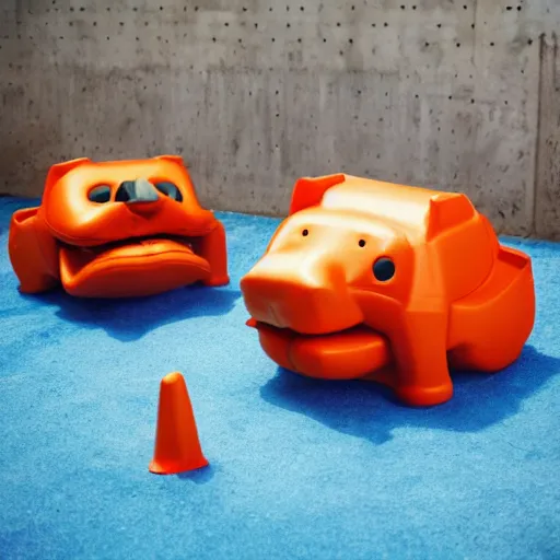 Image similar to hungry hungry hippos, brutalism