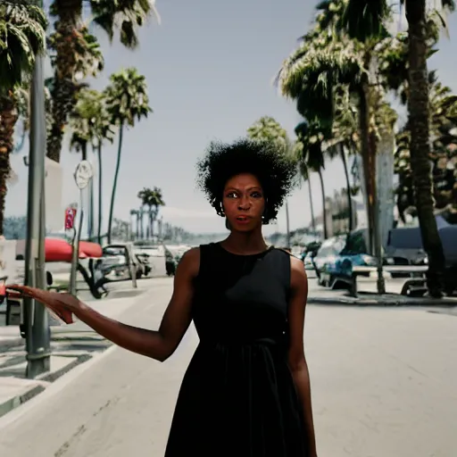 Image similar to portrait photograph of an elegant black woman wearing a sundress in Santa Monica. super resolution. 85 mm f1.8 lens.bokeh.graflex. Alessio albi