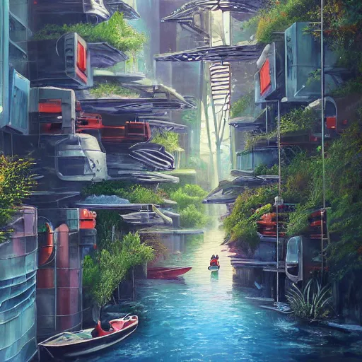 Image similar to Narrow cosy waterway in futuristic sci-fi city in harmony with nature, kayak. Nice colour scheme, soft warm colour. Beautiful detailed painting by Lurid. (2022)