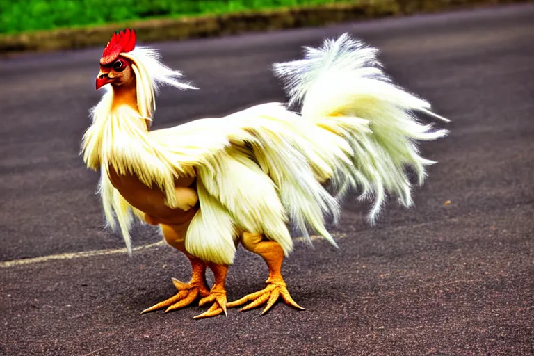 Image similar to absol is a quadrupedal silkie chicken. natural animal photography