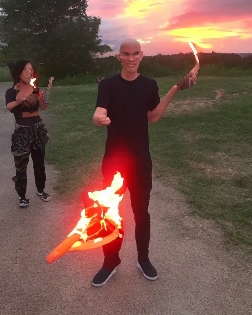 Prompt: [ squidward ] wearing fire nation clothing and practicing firebending outside at susnset