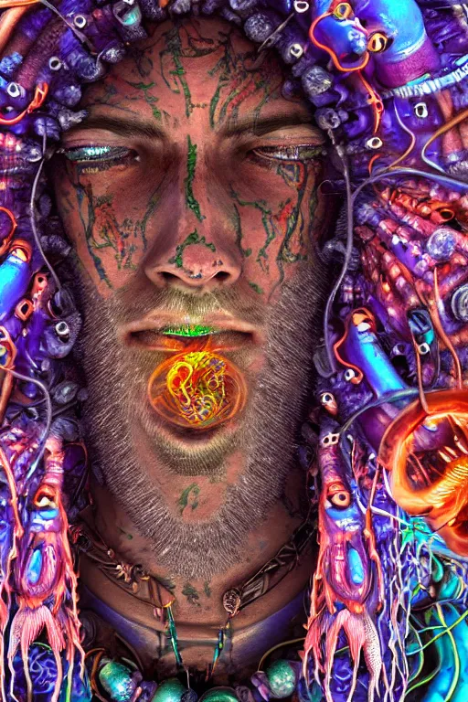 Image similar to close-up macro portrait of the face of a psychedelic shaman with trinket necklace, epic angle and pose, symmetrical artwork, 3d with depth of field, blurred background, cybernetic jellyfish male face skull ayahuasca, translucent, fungus, energy flows of water and fire. a highly detailed epic cinematic concept art CG render. made in Maya, Blender and Photoshop, octane render, excellent composition, cinematic dystopian brutalist atmosphere, dynamic dramatic cinematic lighting, aesthetic, very inspirational, arthouse, Greg Rutkowski, Ilya Kuvshinov, WLOP, Stanley Artgerm Lau, Ruan Jia and Fenghua Zhong
