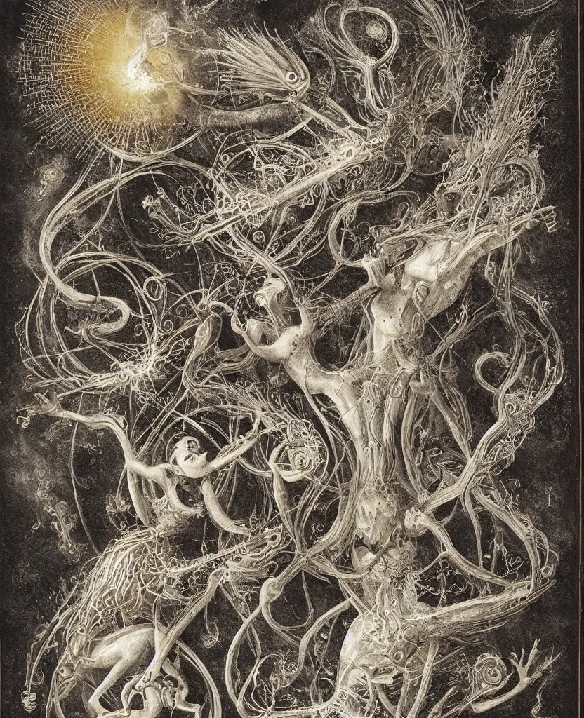 Image similar to whimsical freaky creature sings a unique canto about'as above so below'being ignited by the spirit of haeckel and robert fludd, breakthrough is iminent, glory be to the magic within, painted by ronny khalil