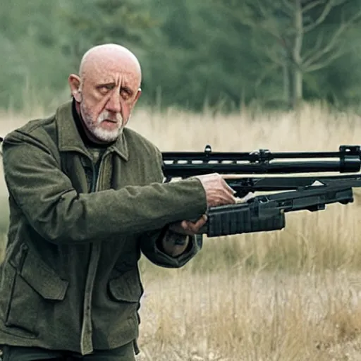 Image similar to Film still of Mike Ehrmantraut aiming with a !!!sniper rifle!!!, 4k, !!highly detailed!!