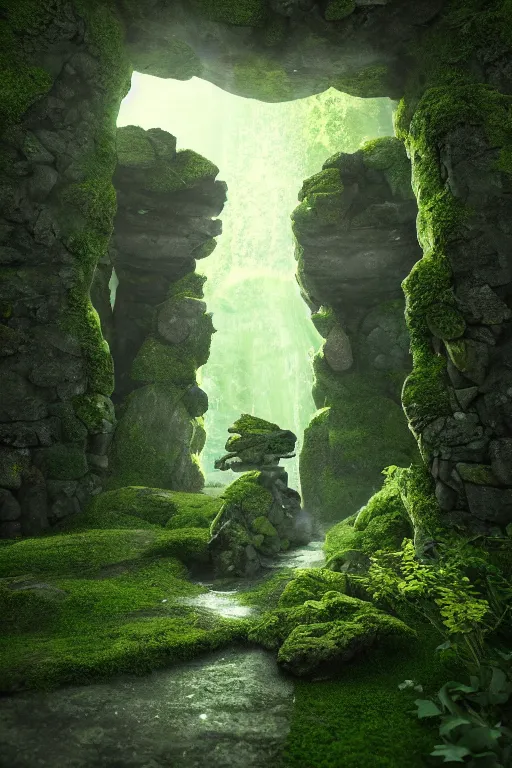 Image similar to the entrance of valhalla, large ornated stone portal, beautiful composition, nature, mossy stone, low angle, rays of light, light dust, octane render, unreal engine, photography, 8 k