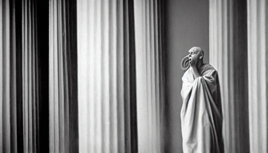Prompt: 1 9 6 0 s movie still of chrysippus laughing hysterically mouth large open in drapery in a neoclassical room with columns, cinestill 8 0 0 t 3 5 mm b & w, high quality, heavy grain, high detail, texture, dramatic light, anamorphic, hyperrealistic