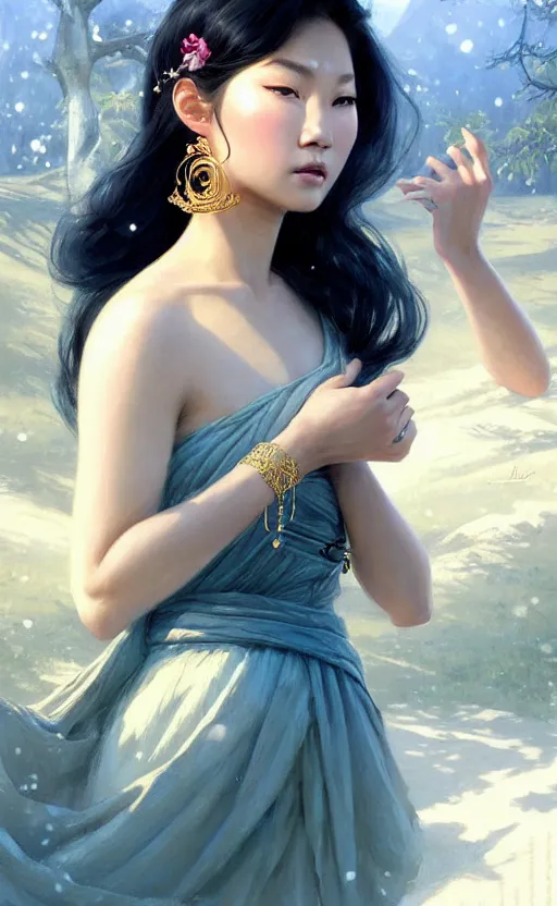 Prompt: a beautiful young charming asian goddess with sundress and jewelry | | winter, realistic shaded, unpleasant face, good looking, fine details, dior, lv, realistic shaded lighting poster by greg rutkowski, macoto takahashi, magali villeneuve, artgerm, jeremy lipkin and michael garmash