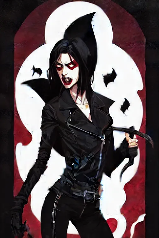 Image similar to rafael albuquerque comic art, peter mohrbacher, phil noto, steve niles, artgerm, pretty willa holland vampire sharp vampire teeth open mouth, symmetrical eyes, black leather jacket, jeans, long black hair