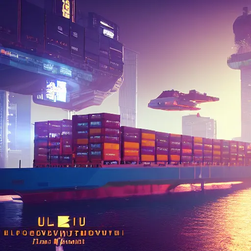 Image similar to an anti-gravity (futuristic container vessel) hovering at port in Night City Cyberpunk 2077, muted cyberpunk style, tranquil, steady, atmospheric, sweltering, autochrome, 8k, reflections, octane render, unreal engine 5