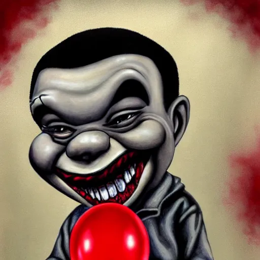 Image similar to grunge cartoon painting of kanye with a wide smile and a red balloon by chris leib, loony toons style, pennywise style, corpse bride style, horror theme, detailed, elegant, intricate