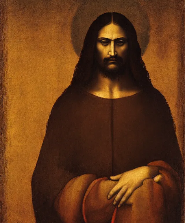 Image similar to portrait of mexican jesus, leonardo di vinci, painting