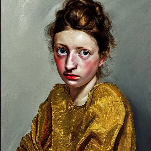 Image similar to high quality high detail painting by lucian freud, hd, girl portrait with a lot of gold and jewelry, photorealistic lighting